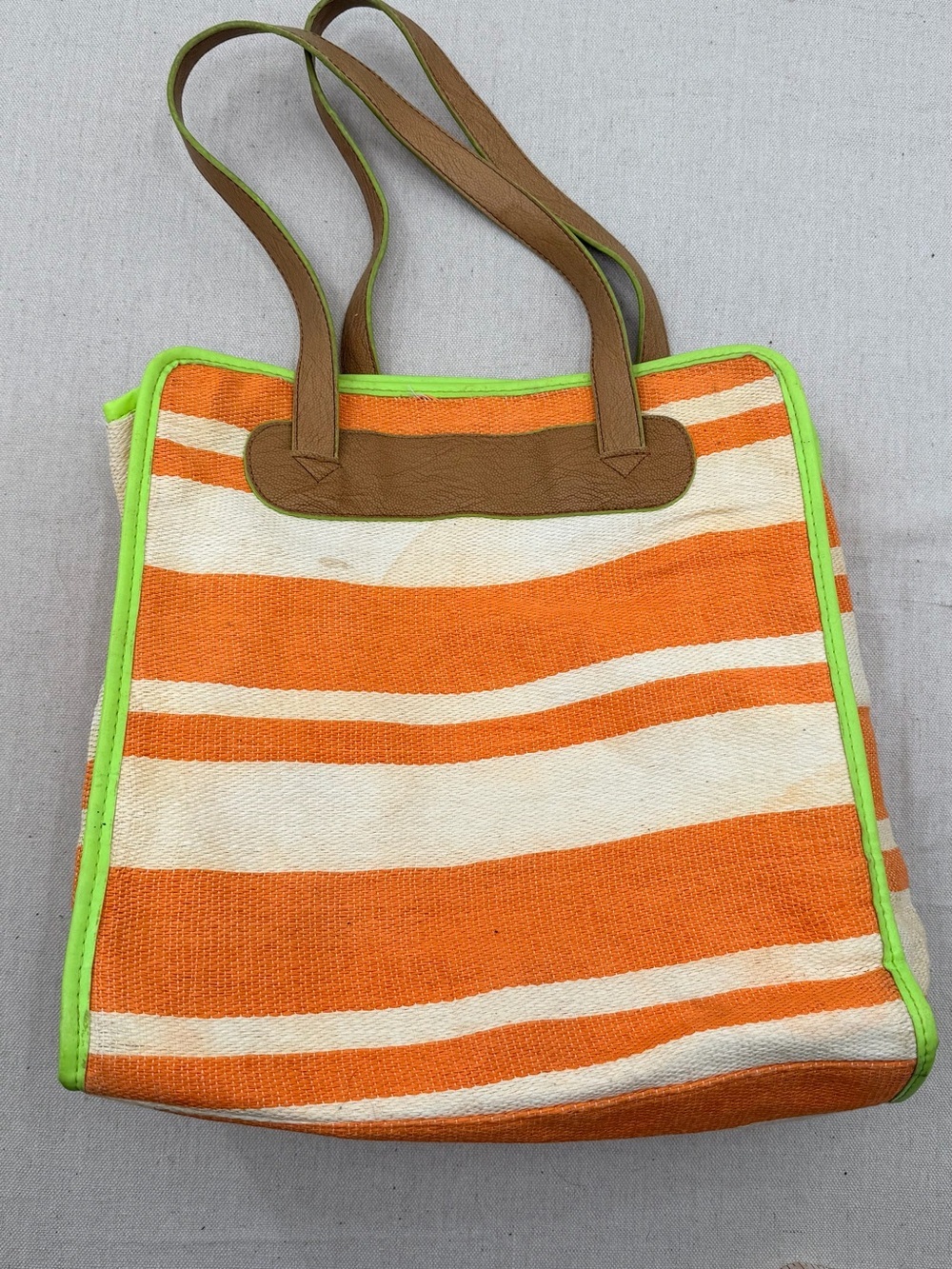 Neiman Marcus Orange and Cream Striped Tote with Lime Trim and Brown Handles